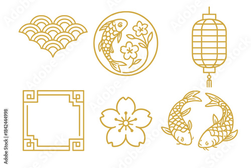 Traditional Asian graphic elements featuring koi fish, cherry blossoms, and lantern designs for cultural decoration