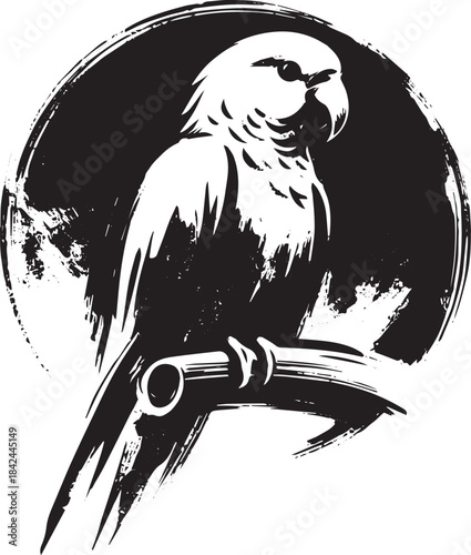 Elegant black and white depiction of a parrot on a branch in sum