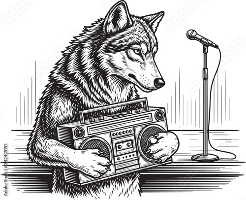 Engraved Illustration of Wolf holding boombox and a microphone s