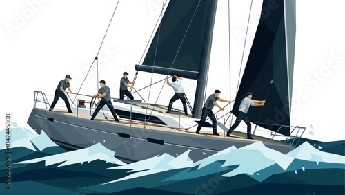 Crew sailing yacht through rough waters in low poly art style