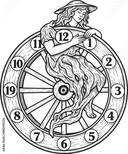 Etched Illustration of The Wheel of Fortune with a Woman and Num