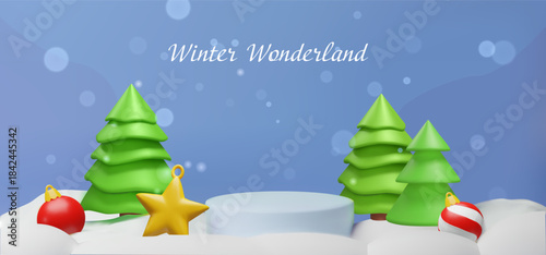 3D winter banner a snowy landscape with green fir trees, Christmas ornaments, a central podium. Holiday banners, seasonal promotions, greeting cards, social media headers, design templates.