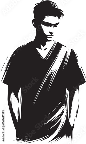 A monochromatic figure study in sumi-e style evoking contemplati