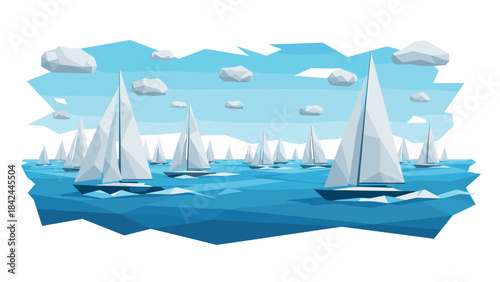 Polygonal sailboats on ocean with geometric clouds and waves
