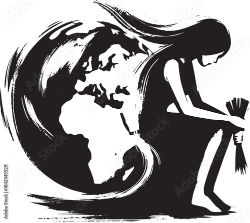 Sumi-e illustration of a woman burdened by the weight of environ