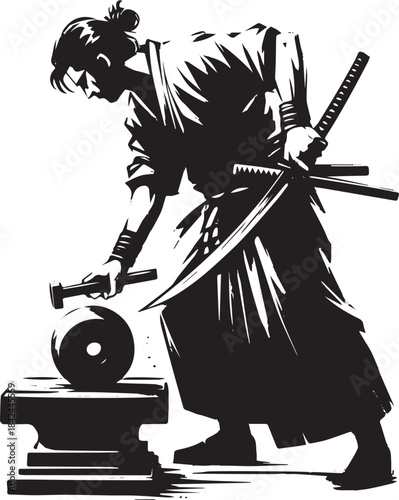 Intense monochrome illustration of a samurai sharpening his swor