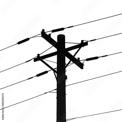 Silhouetted power lines and utility pole against a bright white background