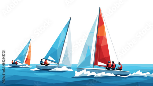 Colorful low poly sailing boats on open sea with crew members
