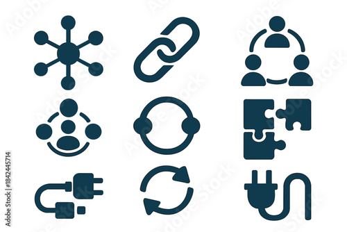 Nine abstract symbols representing essential business concepts like collaboration, linking, and integration