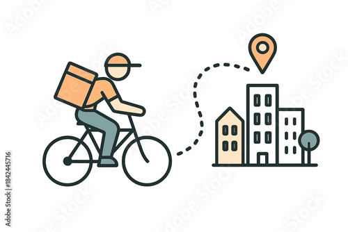 Delivery courier riding a bicycle carrying a package to a city location pin destination