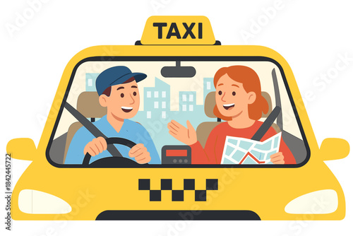 Taxi driver and female passenger talking inside a yellow cab while navigating the city streets