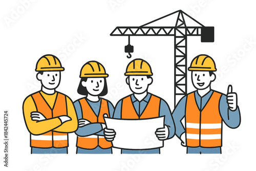 Construction team meeting reviewing blueprints in front of a large crane