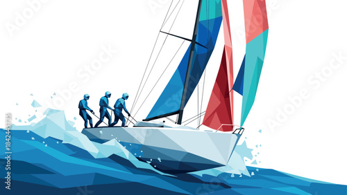 Geometric sailboat racing with vibrant sails and crew in abstract ocean waves