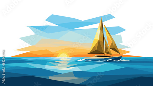 Geometric sailboat at sunrise on abstract ocean