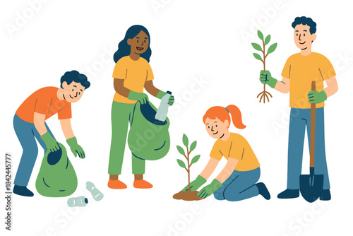 Diverse volunteers cleaning up trash and planting trees for environmental conservation