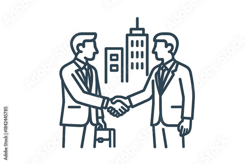 Two businessmen shaking hands in front of city buildings representing a successful business deal