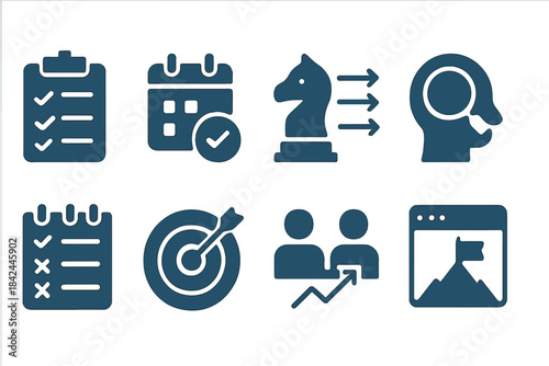 Business icons set for strategic planning, goal setting, success, analysis, and teamwork