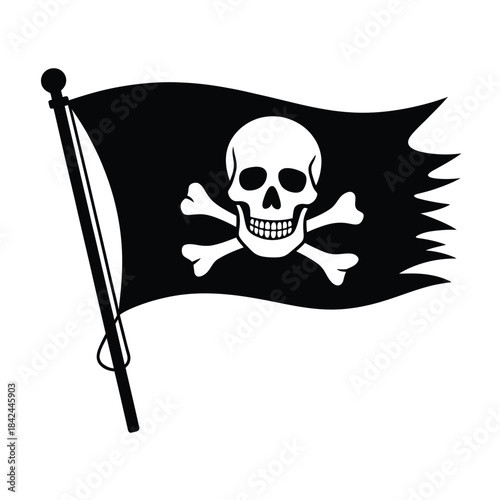 A black pirate flag with a white skull and crossbones design