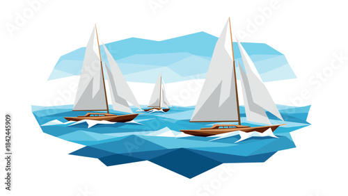 Geometric sailboats on ocean waves with blue sky in low poly style