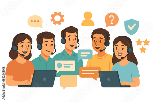 Diverse customer service team wearing headsets and working on laptops with communication icons