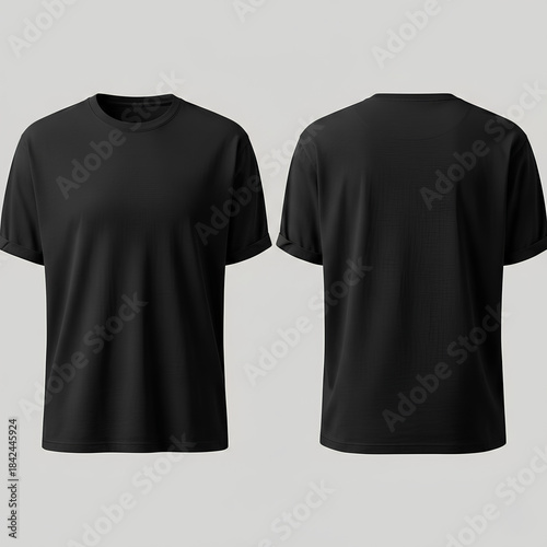 High-quality black t-shirt mockup showing front and back views on a clean isolated background. Suitable for apparel branding, print-on-demand previews, and product presentation.