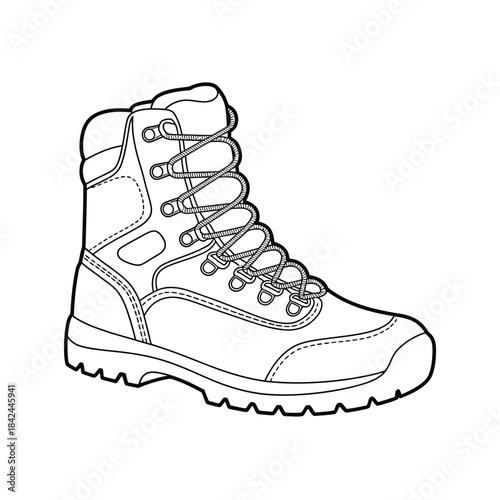 A detailed line drawing of a single high top hiking boot