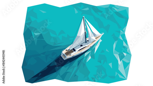 Geometric sailboat on turquoise polygonal water