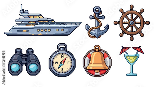 Nautical icons set with yacht, anchor, and compass in pixel art style