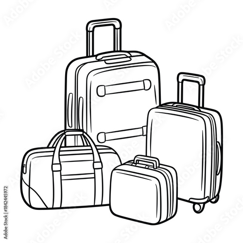 Black and white sketch of travel luggage including suitcases and bags