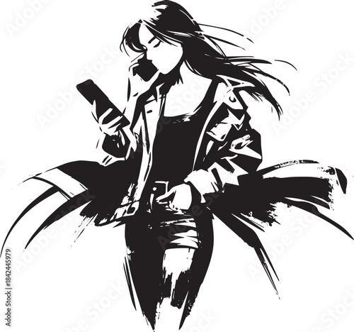 Stylized monochrome illustration of a woman ending phone call ab
