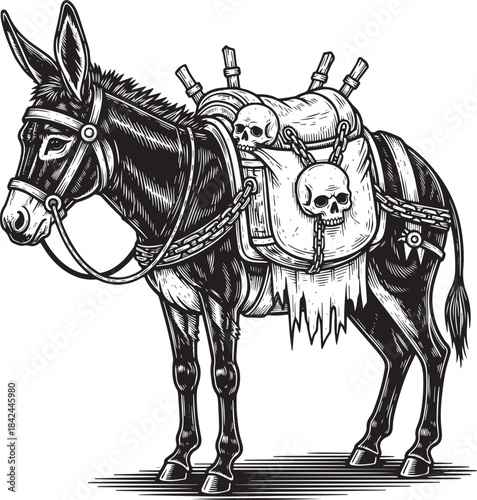 Engraved Style Illustration of a Burdened Donkey with Macabre Im