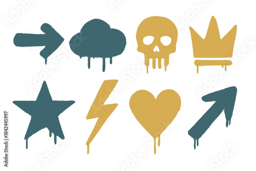 Eight grunge spray paint symbols including skull, crown, heart, star, lightning bolt, and arrows