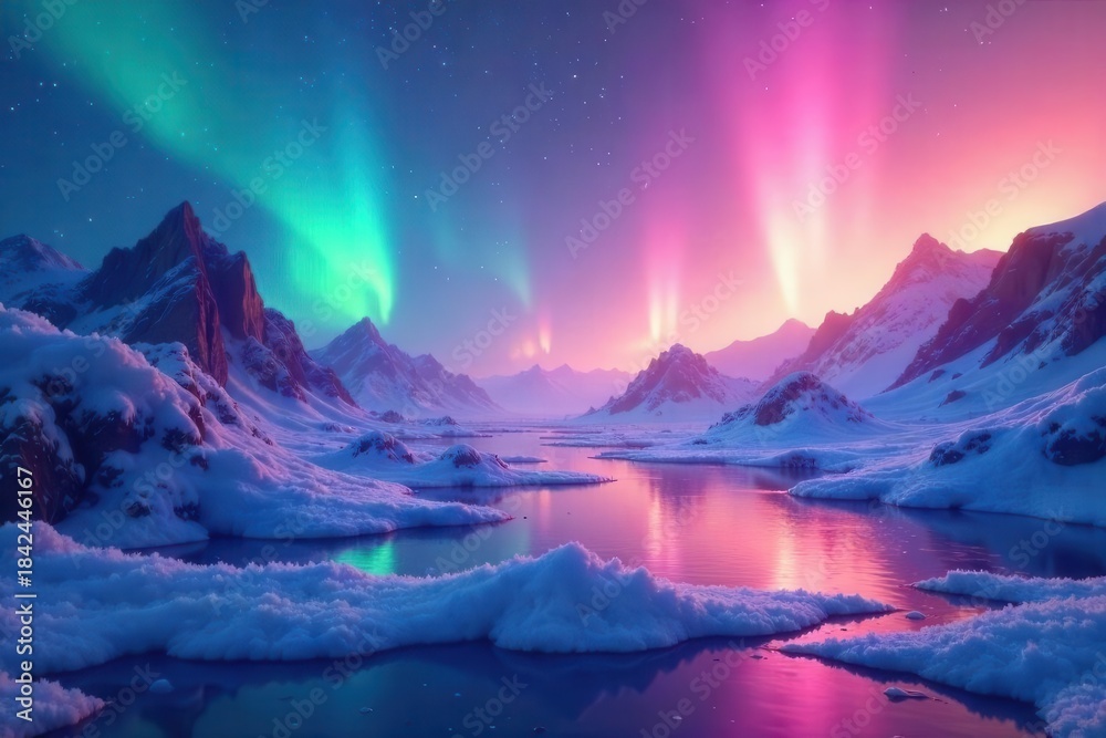 Obraz premium Fluid iridescent aurora borealis, blending pastel hues into deep shadows , spiritual, mystical