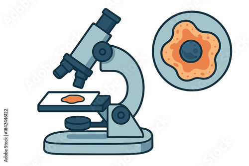 Compound microscope examining a biological specimen slide with a detailed view of a single cell structure