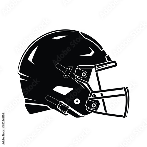 A detailed black and white illustration of an american football helmet