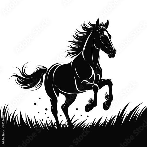 Majestic black horse running through grassy field a dynamic silhouette