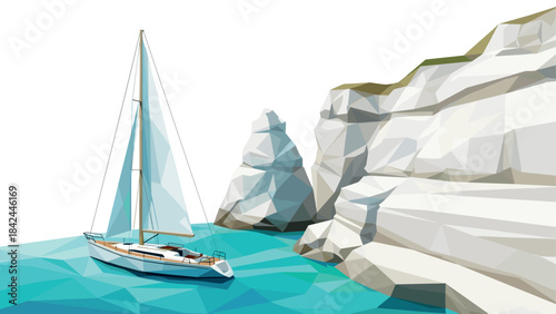 Geometric sailing boat near rocky coastal cliffs in abstract low poly design
