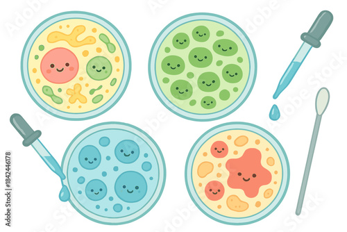 Cute cartoon microbes and bacteria growing in petri dishes with laboratory tools