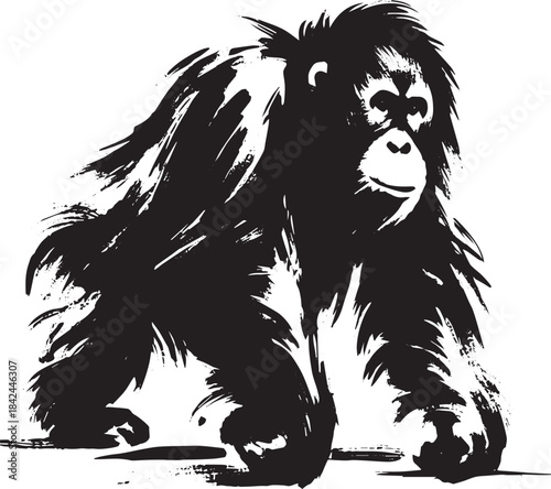 Elegant sumi-e style illustration of an Orangutan on a white bac