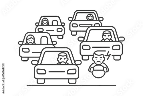 Heavy traffic congestion with frustrated drivers experiencing road rage during rush hour