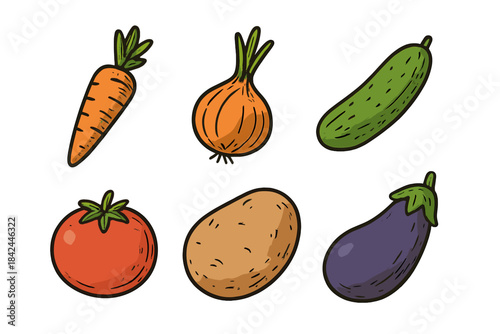 Hand drawn set of fresh vegetables including carrot, onion, cucumber, tomato, potato, and eggplant