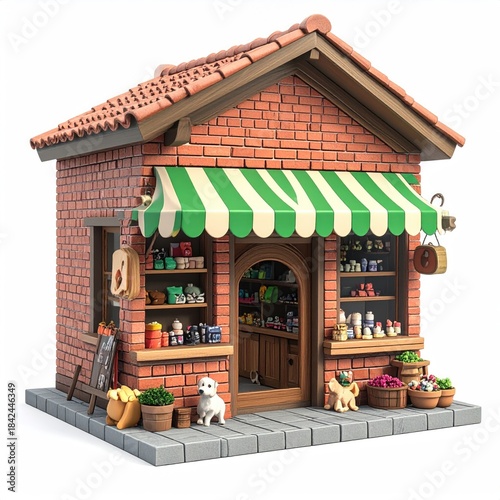 Cute brick store with awning, sidewalk, and 2 toy dogs