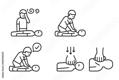 Cardiopulmonary resuscitation procedure showing chest compressions and checking for breathing