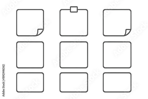 Minimalist set of nine outline icons for documents, notes, forms, and UI elements