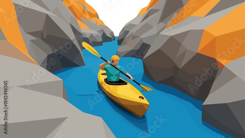 Low poly kayaking adventure in a vibrant river canyon