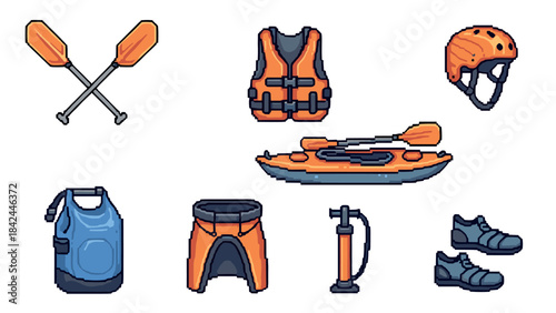 Adventure gear icons: detailed pixel art collection of kayaking essentials