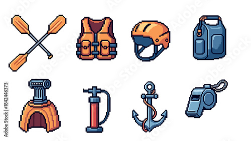 Pixel art outdoor adventure gear set with canoeing and safety equipment