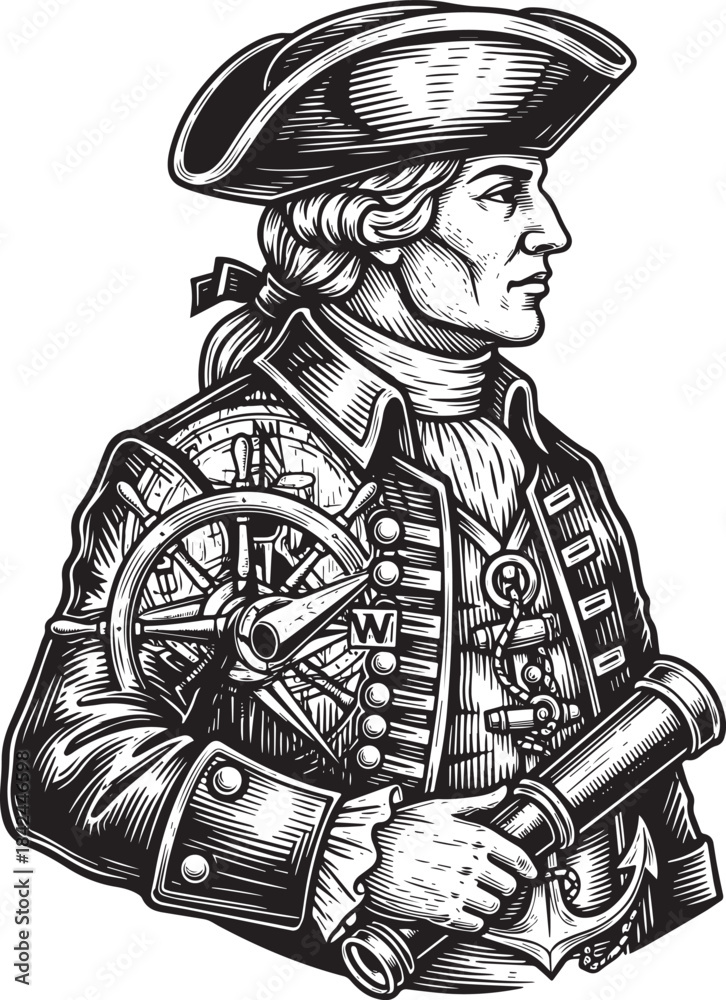 Obraz premium Engraved Portrait of an Explorer with Nautical Symbolism and Old