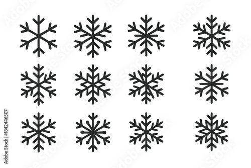 Various stylized snowflake symbols for winter, Christmas, and cold weather design set
