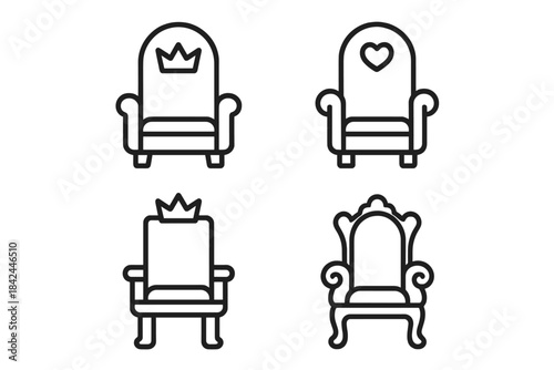 Outline icons of royal thrones and luxury chairs with crown and heart symbols